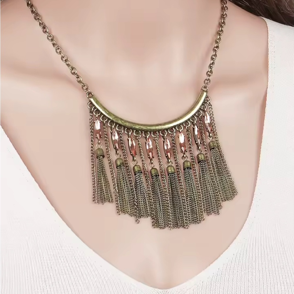 Brass Curved Bar, Tassel & Marquise Morganite Bohemian Style Statement Necklace!